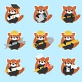 Vector set of red pandas various professions: Scientist, accountant, teacher,