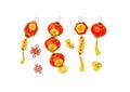 Vector set with red Chinese paper lanterns, lucky coins, lucky knots. Lunar New Year. Chinese Spring Festival