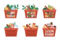 Vector set of red shopping basket icons with products isolated on white background. Plastic shop cart with vegetables, fruit, Royalty Free Stock Photo