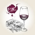 Vector set of red wine collection. Engraved vintage style. Glass, cheese and rosemary.