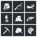 Vector Set of Icons. Red man, Shotgun, Canoe, Torch, Canyon, Revolver, Mining, Gold, Parrot.