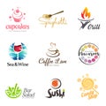 Vector set of restaurant logo design. Eco food, wine, sushi, cupcakes, macaroons, coffee and grill icon. Dish elements icon design Royalty Free Stock Photo