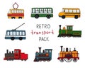 Vector set of retro engines and public transport. Vector illustration of vintage trains, bus, tram, trolleybus isolated on white Royalty Free Stock Photo