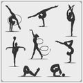 Vector set of rhythmic gymnastics silhouettes. Female silhouettes of gymnasts. Sport icons, sport logos. Royalty Free Stock Photo