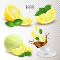 Vector set of ripe lemons with fresh mint leaves. Realistic scoop of fruit ice cream. A cup of aromatic tea with lemon slices and Royalty Free Stock Photo