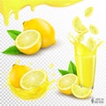 Vector set of ripe lemons. Pieces of sliced fruit falling into a glass of natural fresh juice, realistic splash. 3D isolated food Royalty Free Stock Photo