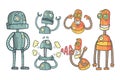 Vector set with robots in outline style with colorful fill. Gray and orange mechanical androids with different emotions Royalty Free Stock Photo