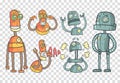 Vector set with robots in outline style with colorful fill. Gray and orange mechanical androids with different emotions Royalty Free Stock Photo