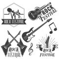 Vector set of rock festival labels in vintage style. Rock music instruments, microphone, guitar on white