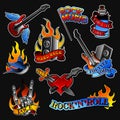 Vector set of rock tattoos. Bottle with ribbon, guitar and audio speaker, heart and swallow bird, skeleton hand with