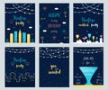 Vector Set of Rooftop, Cocktail and Birthday Party Invitation Cards with Light Garlands