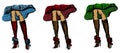 Vector set of rough colored sketches of female legs with high heel knee boots and skirt Royalty Free Stock Photo
