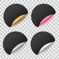 Vector set of round black blank stickers with curled corners with shadow isolated on transparent background Royalty Free Stock Photo