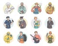 Vector set round icon men different professions. Labor Day people illustration in line art style in professional uniform Royalty Free Stock Photo