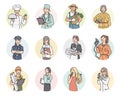 Vector set round icon women different professions. Labor Day people illustration in line art style in professional Royalty Free Stock Photo