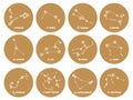 Vector set of round Zodiac signs, stars, constellations golden color on white background