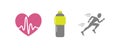 Vector set of running sport icons - jogging person, beating heart with pusle, bottle of isotonic or water - for sport team, runner