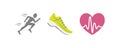 Vector set of running sport icons - jogging person, running shoe, beating heart with pusle, - for sport team, runner club,