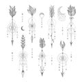 Vector set of Sacred geometric symbols with moon, eye, arrows, dreamcatcher on white background. Grey linear logo and spiritual