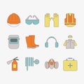 Vector set of safety work icons, including tools. Royalty Free Stock Photo