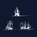 Vector set of sailing galleon ships in the ocean in ink line style. Hand sketched old warships. Marine theme design. Royalty Free Stock Photo