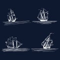 Vector set of sailing ships or boats in the sea. Hand sketched schooners, sloops, brigantines. Marine theme design. Royalty Free Stock Photo