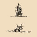 Vector set of sailing ships in the sea in ink line style. Hand sketched old fluyts. Marine theme design. Royalty Free Stock Photo