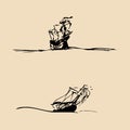 Vector set of sailing ships in the sea in ink line style. Hand sketched old galleon and schooner. Marine theme design Royalty Free Stock Photo