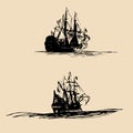 Vector set of sailing ships in the sea in ink line style. Hand sketched old warship silhouettes. Marine theme design.