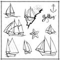 Vector set of sailing yachts. Water transport for travel, recreation and sports. Collection of black line sketch