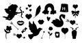 Vector set of Saint Valentine day silhouettes. Collection of cute black and white characters and objects with love concept. Cupid