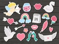 Vector set of Saint Valentine day stickers. Collection of cute characters and objects with love concept. Cupid, dove, hearts and