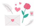 Vector set of Saint ValentineÃ¢â¬â¢s day symbols. Collection of cute objects with love concept. Letter, feather, rose and hearts Royalty Free Stock Photo