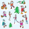 Vector set of Santa Claus and Snow Maiden. Colorful sketch of event creatures