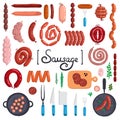 Vector set with sausage. Flat style doodles on the theme of food