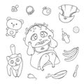 Vector set scared child and cat. Hygiene items, baby care and toys. Flat black color sketch contour illustration