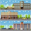 Vector set of school and college banners. Students walk next to university buildings