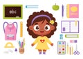 Vector set school items and schoolgirl. Cute happy black ethnic girl and study supplies. Backpack, blackboard, book Royalty Free Stock Photo