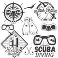 Vector set of scuba diving center labels in vintage style. Sport underwater equipment, mask, fins, tanks on Royalty Free Stock Photo