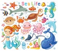 Vector set with sea animals and a mermaid. Collection of marine inhabitants Royalty Free Stock Photo