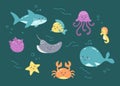 Vector set of sea fishes. Cute collection of ocean underwater life. Children doodle illustration of colorful aquarium