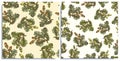 Vector set of seamless pattern with wonderful colorful oak branch with leaves, acorns, hand-drawn in graphic and real Royalty Free Stock Photo