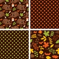 Vector Seamless Pattern with Cute Brown Bears, Mushrooms, Berries and Leaves