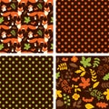 Vector Set of Seamless Patterns with Cute Fox, Mushrooms, Berries, Leaves and Polka Dot Royalty Free Stock Photo