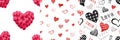 Vector Set of Seamless Patterns, Hand Drawn and 3D Heart, Balloons on White Background, Hand Drawn Hearts, Talk Bubbles. Royalty Free Stock Photo