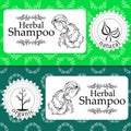 Vector set of seamless patterns, labels and logo design templates for natural herbal shampoo packaging and wrapping