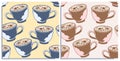 Vector set of seamless patterns with wonderful coffee with froth, cappuccino, latte, tasty. Hand-drawn in graphic and real-style