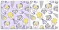 Vector set of seamless patterns with wonderful colorful cupcake, cone ice cream, a scoop of lemon ice cream in a bowls. Hand-drawn