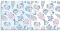 Vector set of seamless patterns with wonderful colorful cupcake, cone ice cream, a scoop of strawberry ice cream in a bowls. Hand-