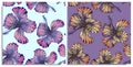 Vector set of seamless patterns with wonderful colorful hibiscus, hand-drawn in graphic and real-style at the same time